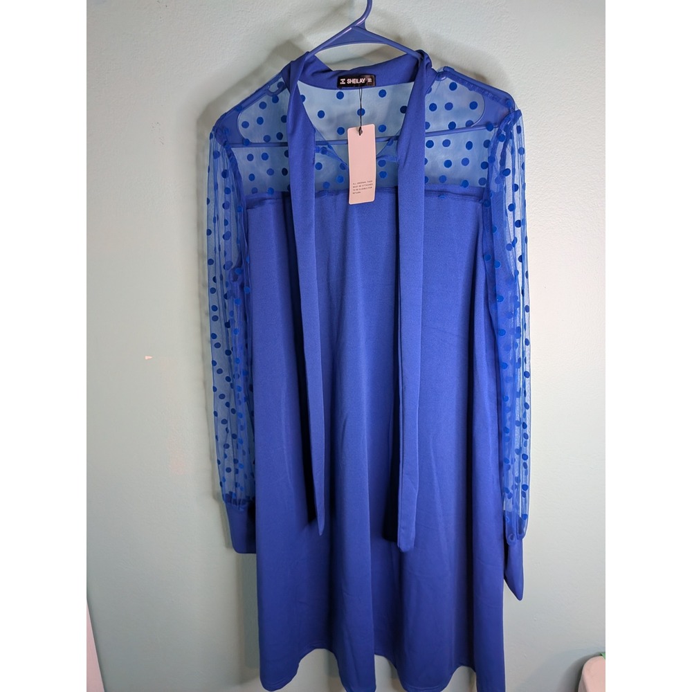 Sheilay Royal Blue Polka Dot Mesh Tie Neck Shift Dress Womens Large NWT
